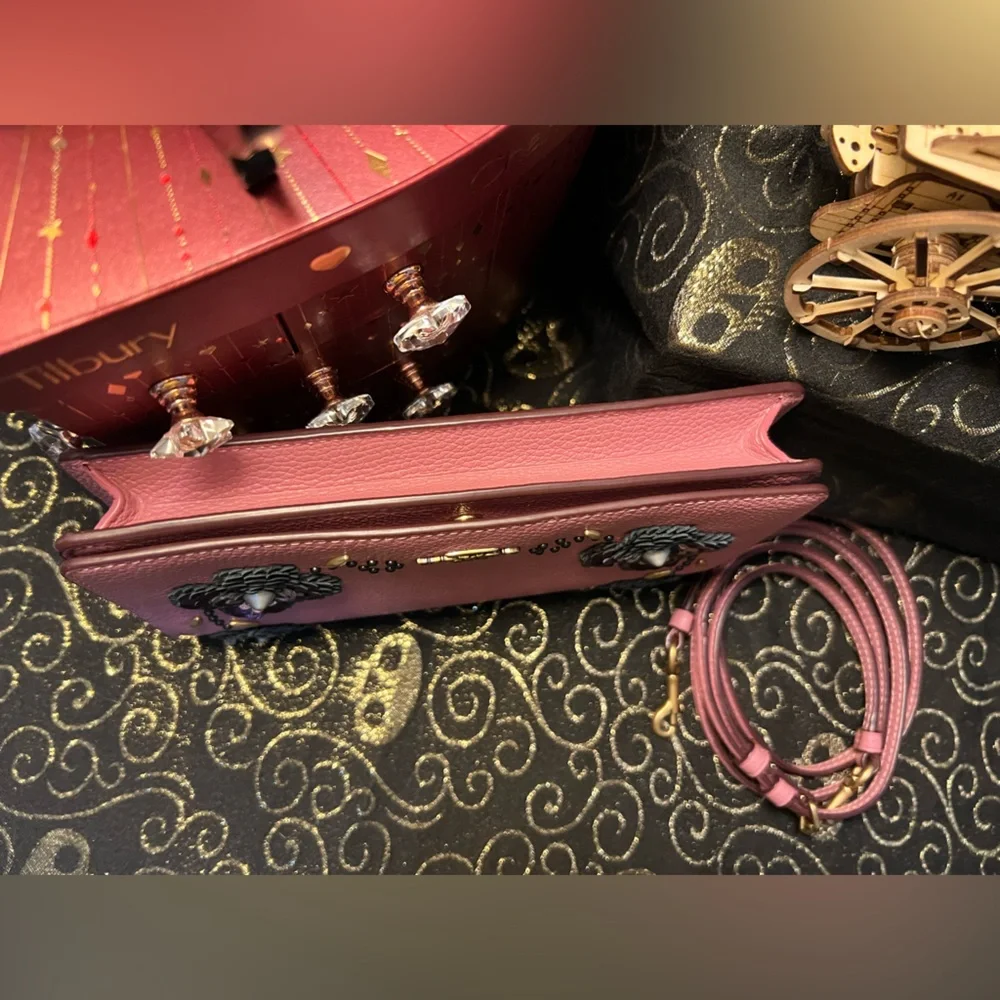 Coach Hayden Pink Floral Dinky Clutch Crossbody w Purple Leather Sequin Flowers